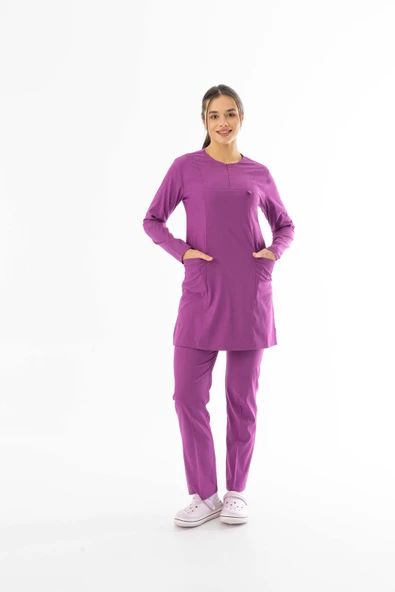 Likra Uzun Kol Doktor Hemşire Forması Alt Üst Takım Fuşya (LTST200015)
