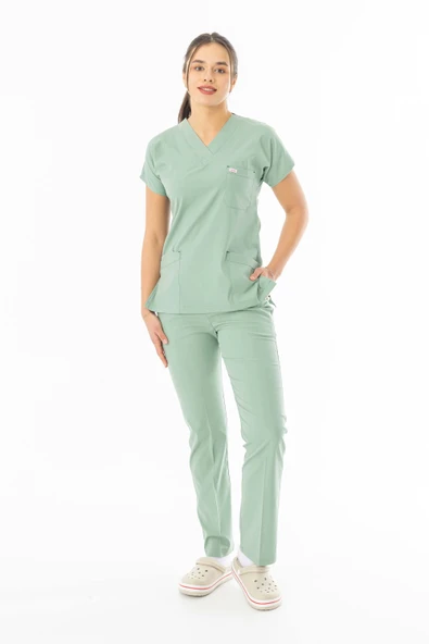 Likra Yarasa Kol Doktor Hemşire Forması Alt Üst Takım Küf Yeşili (LYRS1016) - 2