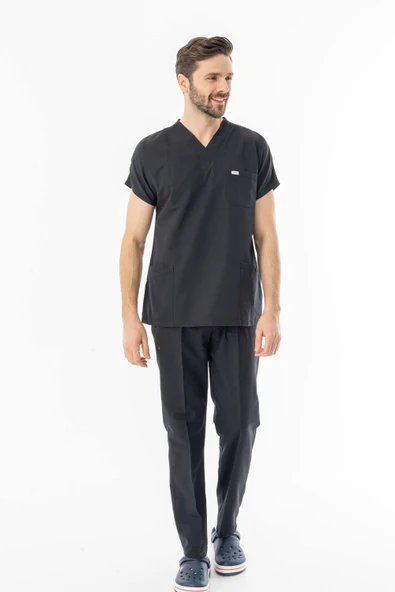 Terikoton Yarasa Kol Doktor Hemşire Forması Alt Üst Takım Siyah (TYRS0002) - 6