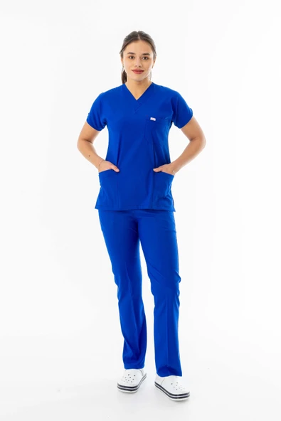 Likra Yarasa Kol Doktor Hemşire Forması Alt Üst Takım Saks Mavisi (LYRS1009) - 2