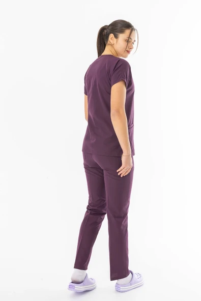 Terikoton Yarasa Kol Doktor Hemşire Forması Alt Üst Takım Mürdüm (TYRS0005) - 3