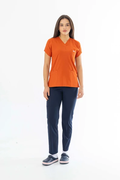 Gofre Likra Yarasa Kol Doktor Hemşire Tek Üst Forma Kiremit (GFR3007)