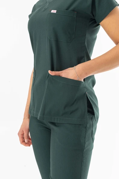 Likra Yarasa Kol Doktor Hemşire Forması Alt Üst Takım Avcı Yeşili (LYRS1004) - 4