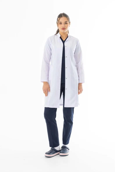 Hakim Yaka Uzun Boy Kadın Doktor Önlüğü Alpaka Kumaş Beyaz (BKO003)