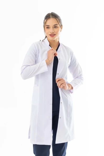 Hakim Yaka Uzun Boy Kadın Doktor Önlüğü Alpaka Kumaş Beyaz (BKO003) - 5