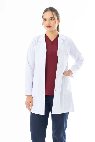Spor Yaka Orta Boy Kadın Doktor Önlüğü Alpaka Kumaş Beyaz (BKO006) - 2