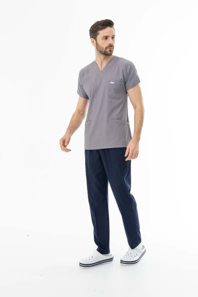 Gofre Likra Yarasa Kol Doktor Hemşire Tek Üst Forma Açık Gri (GFR3008) - 2