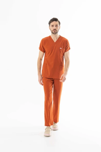 Likra Yarasa Kol Doktor Hemşire Forması Alt Üst Takım Kiremit (LYRS1005) - 6