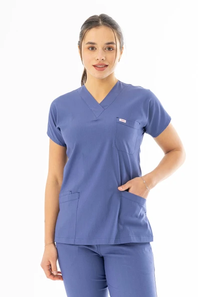 Likra Yarasa Kol Doktor Hemşire Forması Alt Üst Takım Kot Mavisi (LYRS1020) - 4