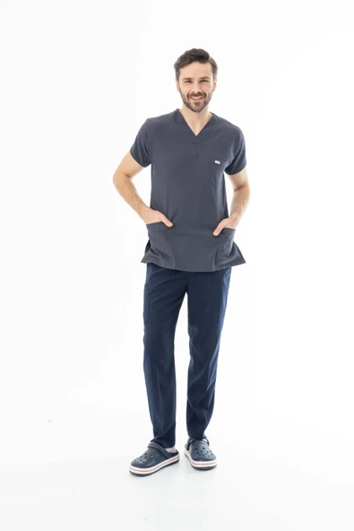 Gofre Likra Yarasa Kol Doktor Hemşire Tek Üst Forma Füme Gri (GFR3005) - 8