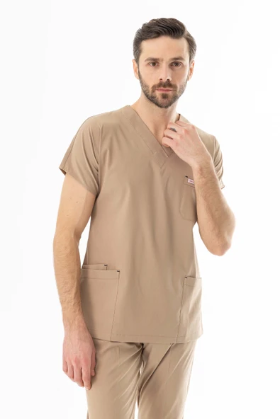 Likra Yarasa Kol Doktor Hemşire Forması Alt Üst Takım Bej (LYRS1007) - 9