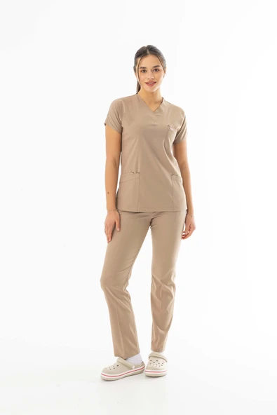 Likra Yarasa Kol Doktor Hemşire Forması Alt Üst Takım Bej (LYRS1007)