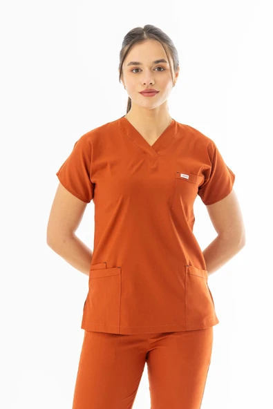 Likra Yarasa Kol Doktor Hemşire Forması Alt Üst Takım Kiremit (LYRS1005) - 2