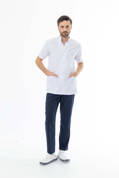 Hakim Yaka Kısa Kol Erkek Doktor Önlüğü Alpaka Kumaş Beyaz (BEO105) - 3