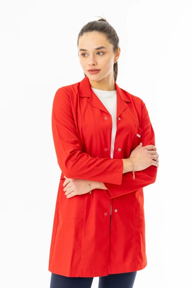 Spor Yaka Uzun Kol Kadın Personel Önlüğü Alpaka Kumaş Kırmızı (RNK104) - 2