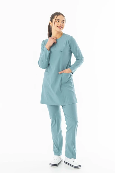 Likra Uzun Kol Doktor Hemşire Forması Alt Üst Takım Filiz Yeşili (LTST20011) - 2