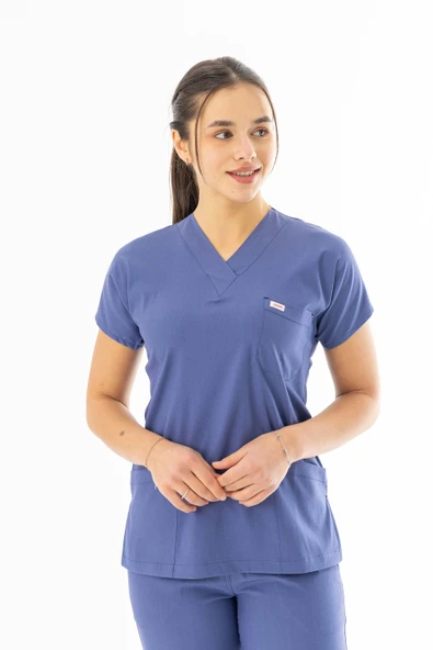 Likra Yarasa Kol Doktor Hemşire Forması Alt Üst Takım Kot Mavisi (LYRS1020) - 3