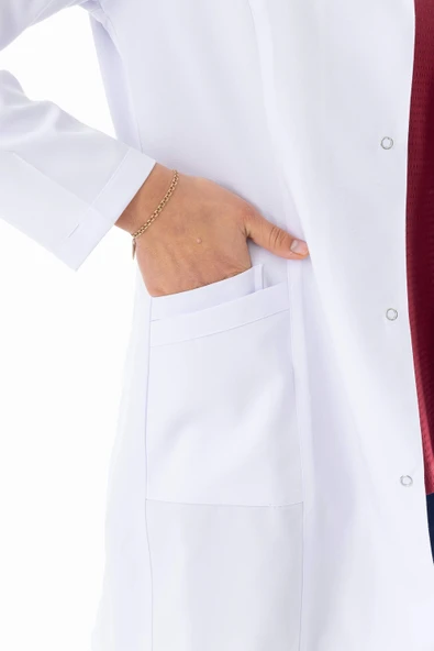 Spor Yaka Orta Boy Kadın Doktor Önlüğü Alpaka Kumaş Beyaz (BKO006) - 6