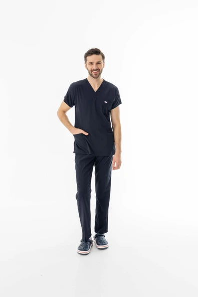 Likra Yarasa Kol Doktor Hemşire Forması Alt Üst Takım Lacivert (LYRS1001) - 6