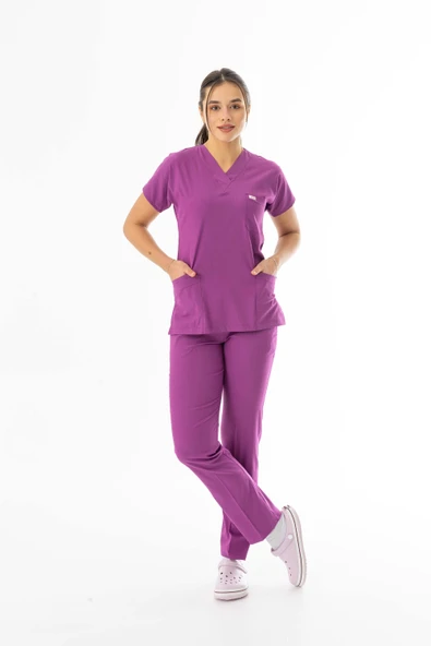 Likra Yarasa Kol Doktor Hemşire Forması Alt Üst Takım Fuşya (LYRS1021) - 2