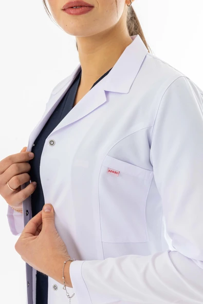 Spor Yaka Uzun Boy Kadın Doktor Önlüğü Alpaka Kumaş Beyaz (BKO007) - 7