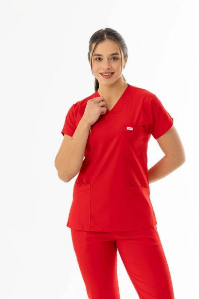 Likra Yarasa Kol Doktor Hemşire Forması Alt Üst Takım Kırmızı (LYRS1008) - 3