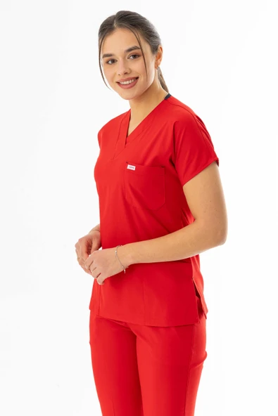 Likra Yarasa Kol Doktor Hemşire Forması Alt Üst Takım Kırmızı (LYRS1008) - 4