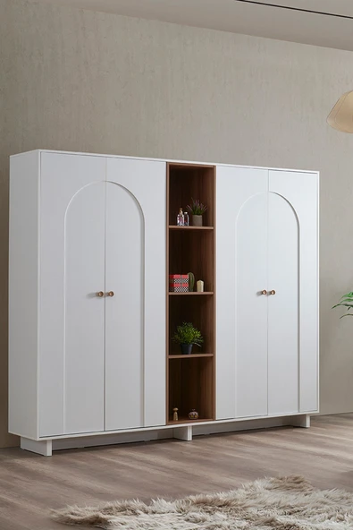 Cesur Mobilya Gardırop Ren Bohem 4 Kapaklı Kitaplıklı Raflı Gardırop Dolap