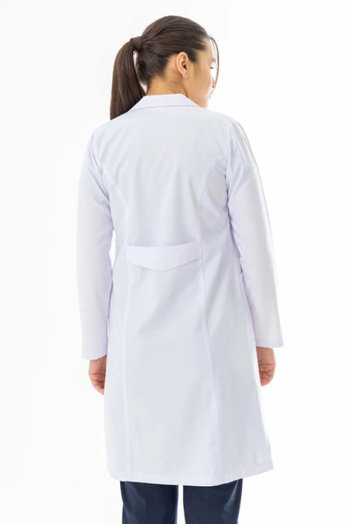 Spor Yaka Uzun Boy Kadın Doktor Önlüğü Alpaka Kumaş Beyaz (BKO007) - 8