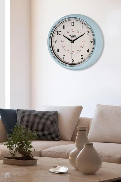 New-Max Premium Serisi Retro Tasarım Metal Kadranlı Bombeli Cam Özellikli 30 cm Ev ve Ofis Saati Mavi - Resim 4