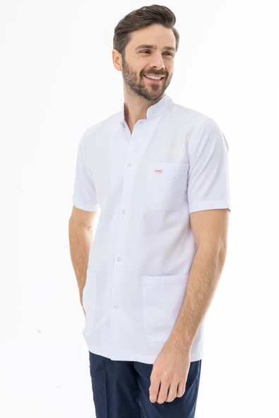 Hakim Yaka Kısa Kol Erkek Doktor Önlüğü Alpaka Kumaş Beyaz (BEO105) - 6