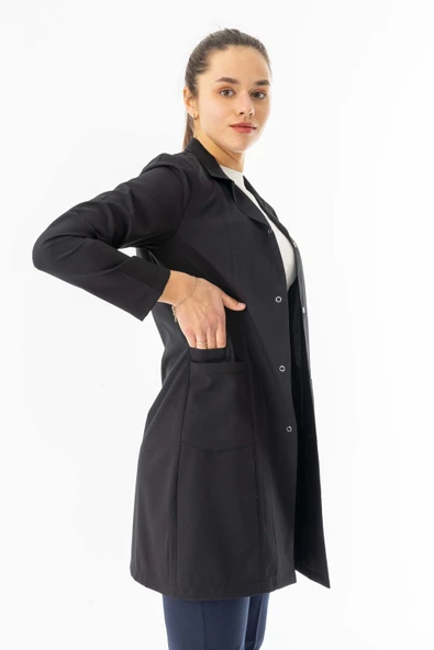 Spor Yaka Uzun Kol Kadın Personel Önlüğü Alpaka Kumaş Siyah (RNK102) - 4