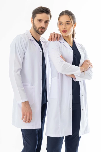 Spor Yaka Uzun Boy Kadın Doktor Önlüğü Alpaka Kumaş Beyaz (BKO007) - 10