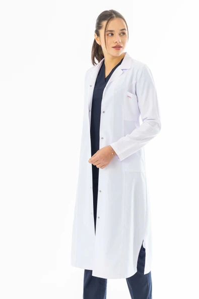 Spor Yaka Maxi Boy Kadın Doktor Önlüğü Alpaka Kumaş Beyaz (BKO008) - 3
