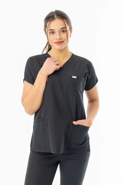Terikoton Yarasa Kol Doktor Hemşire Forması Alt Üst Takım Siyah (TYRS0002) - 3