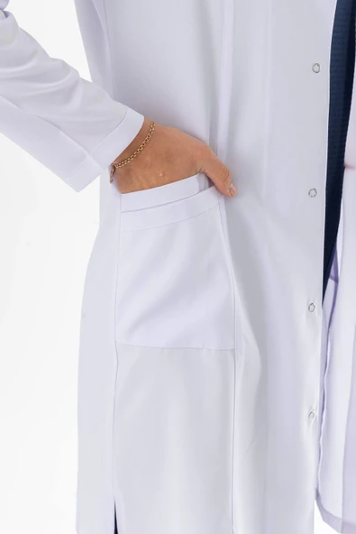 Spor Yaka Uzun Boy Kadın Doktor Önlüğü Alpaka Kumaş Beyaz (BKO007) - 6