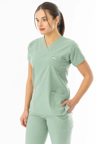 Likra Yarasa Kol Doktor Hemşire Forması Alt Üst Takım Küf Yeşili (LYRS1016) - 4