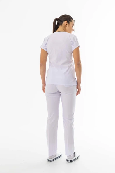 Likra Yarasa Kol Doktor Hemşire Forması Alt Üst Takım Beyaz (LYRS1014) - 5