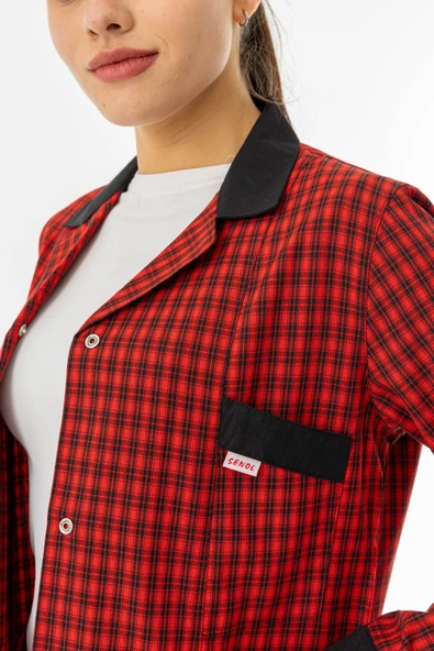 Spor Yaka Uzun Kol Kadın Personel Önlüğü Alpaka Kumaş Kırmızı Kareli (RNK105) - 6