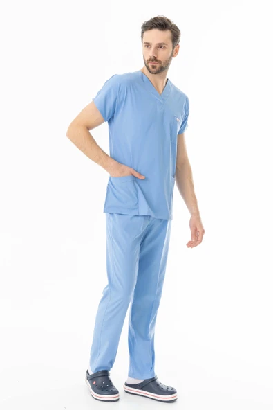 Likra Yarasa Kol Doktor Hemşire Forması Alt Üst Takım Açık Mavi (LYRS10013) - 8