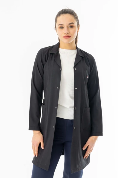 Spor Yaka Uzun Kol Kadın Personel Önlüğü Alpaka Kumaş Siyah (RNK102)