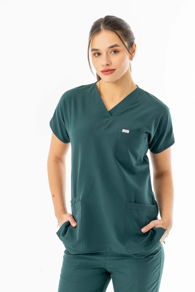 Terikoton Yarasa Kol Doktor Hemşire Forması Alt Üst Takım Avcı Yeşili (TYRS0007) - 3