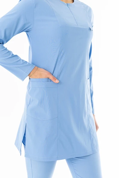 Likra Uzun Kol Doktor Hemşire Forması Alt Üst Takım Açık Mavi (LTST20019) - 8