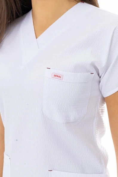 Gofre Likra Yarasa Kol Doktor Hemşire Tek Üst Forma Beyaz (GFR3003) - 4