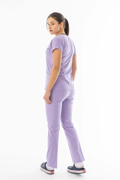 Likra Yarasa Kol Doktor Hemşire Forması Alt Üst Takım Lila (LYRS1019) - 5