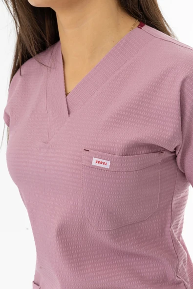 Gofre Likra Yarasa Kol Doktor Hemşire Tek Üst Forma Pembe (GFR3004) - 4