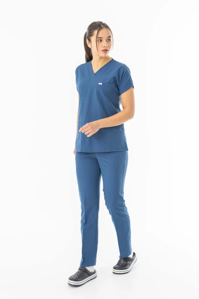 Terikoton Yarasa Kol Doktor Hemşire Forması Alt Üst Takım Petrol Mavisi (TYRS0009) - 2