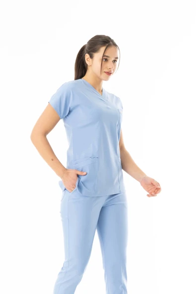Likra Yarasa Kol Doktor Hemşire Forması Alt Üst Takım Açık Mavi (LYRS10013) - 3