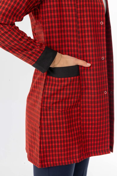 Spor Yaka Uzun Kol Kadın Personel Önlüğü Alpaka Kumaş Kırmızı Kareli (RNK105) - 5