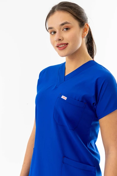 Likra Yarasa Kol Doktor Hemşire Forması Alt Üst Takım Saks Mavisi (LYRS1009) - 4